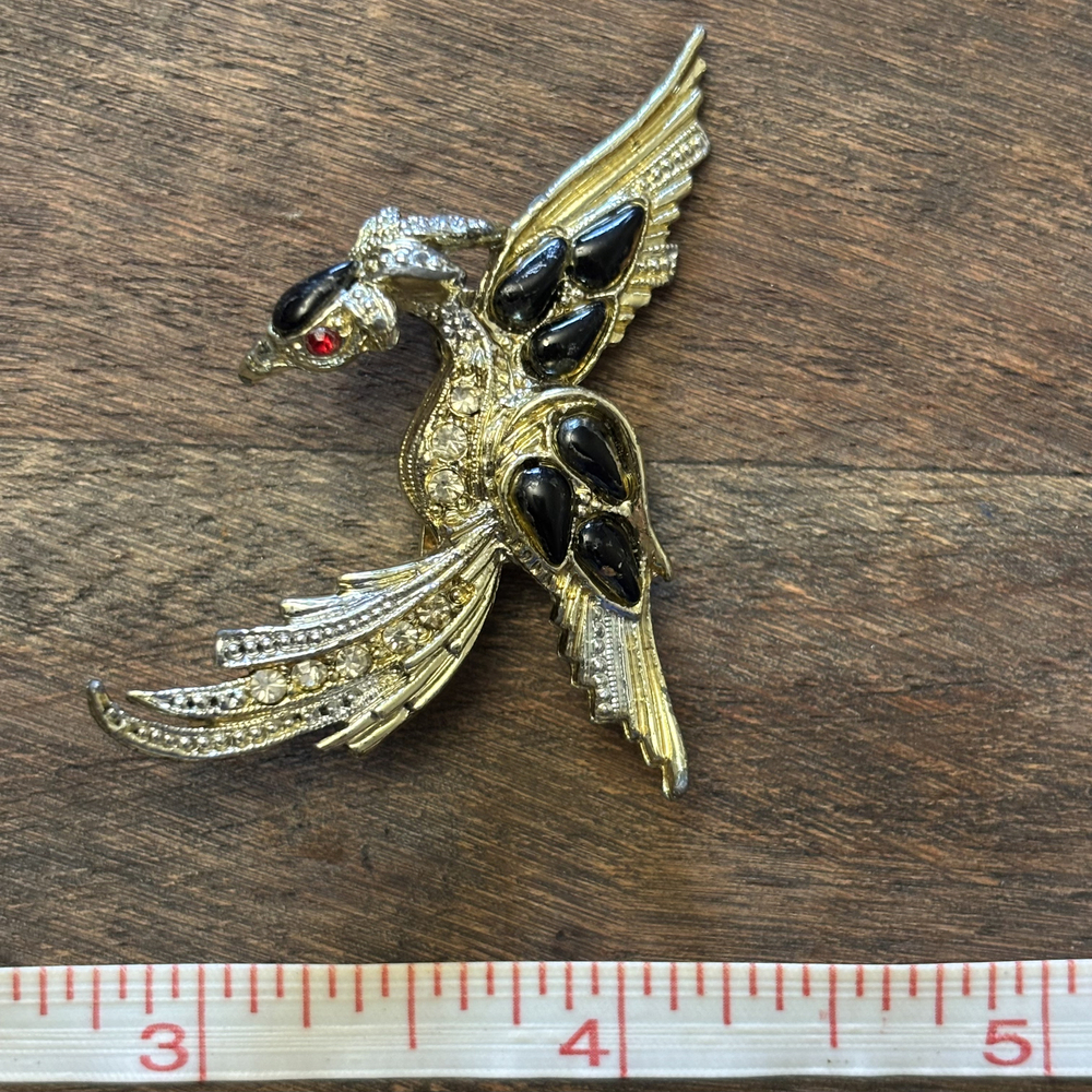 Faux Onyx Bird Phoenix Faux Diamond Brooch Gold Tone